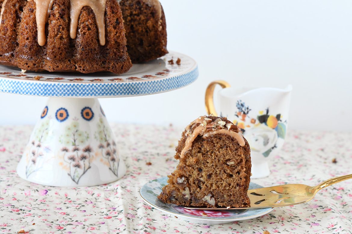 Date Cake with Pecans in Toffee Caramel Sauce