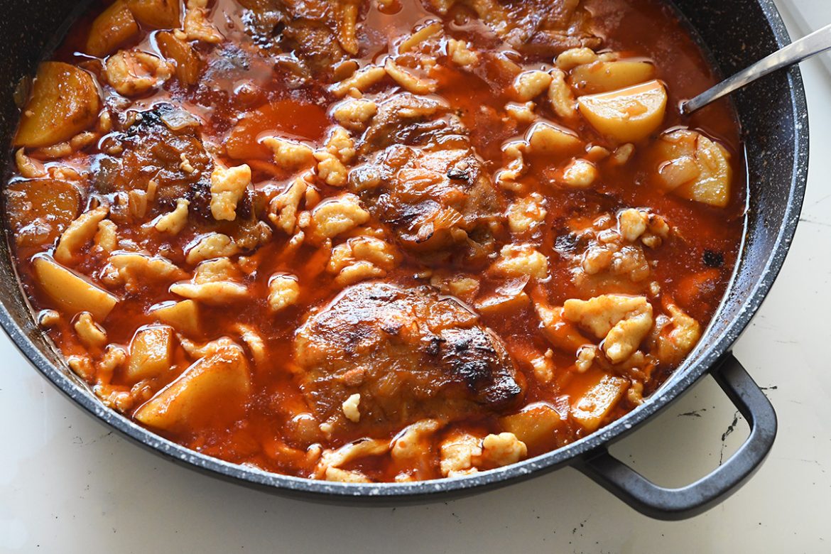 Chicken Paprikash with Potatoes and Hungarian Dumplings (Nokedli)