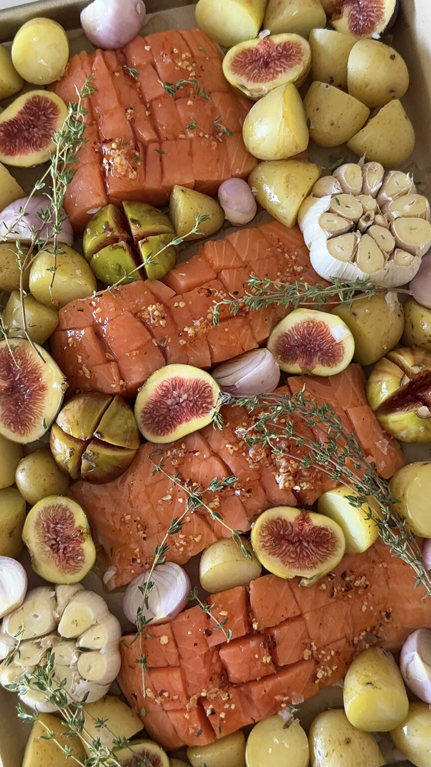 Cross-Hatched Salmon in a Honey-Garlic Sauce with Potatoes, Figs & Shallots