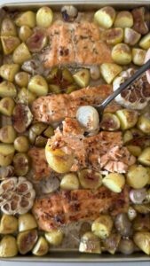 Cross-Hatched Salmon in a Honey-Garlic Sauce with Potatoes, Figs & Shallots
