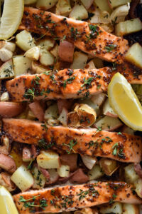 Oven-Baked Salmon and Potatoes in a Mustard Silan Sauce