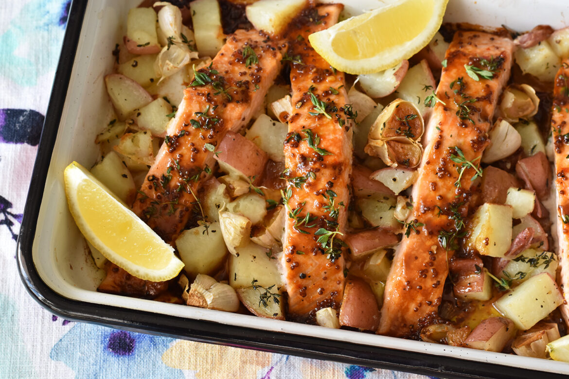Oven-Baked Salmon and Potatoes in a Mustard Silan Sauce