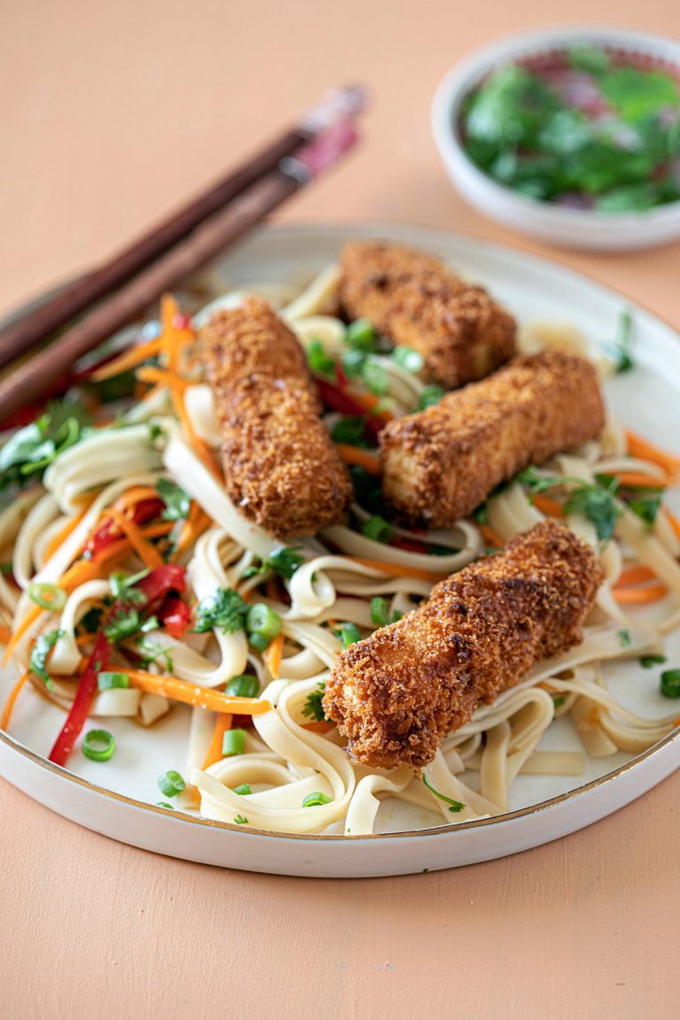 Crispy Tofu Schnitzel Fingers with Asian Rice Noodle Salad