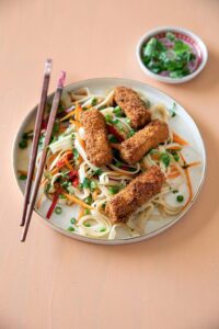 Crispy Tofu Schnitzel Fingers with Asian Rice Noodle Salad