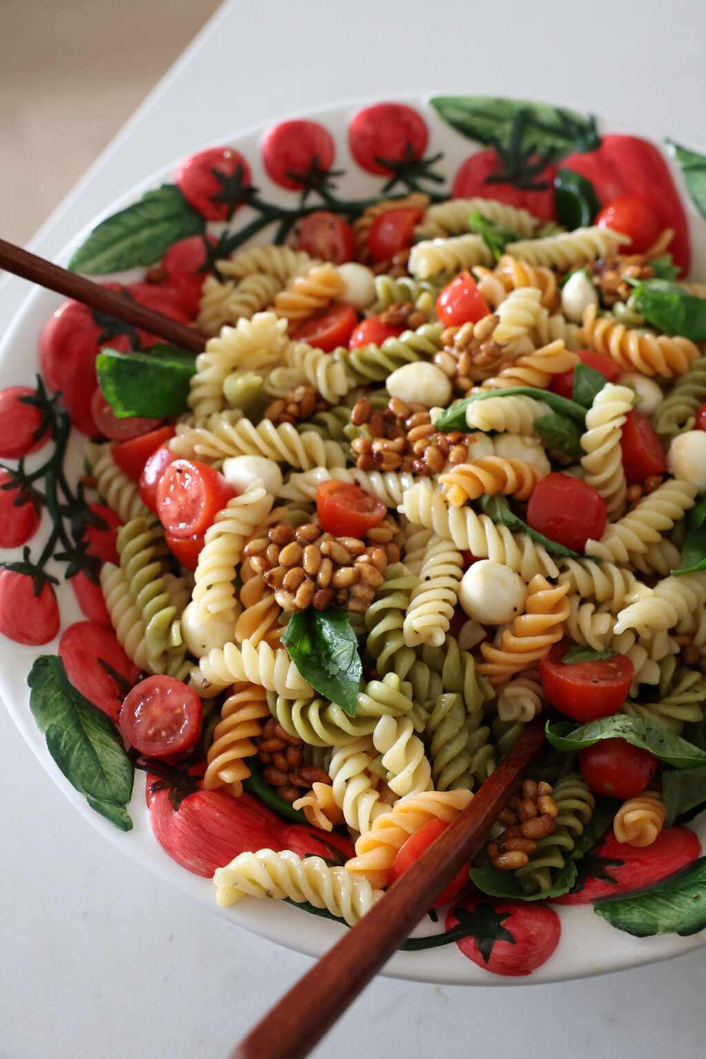 Caprese Pasta Salad with Honey Pine Nut Clusters