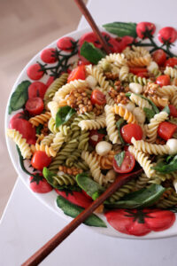 Caprese Pasta Salad with Honey Pine Nut Clusters